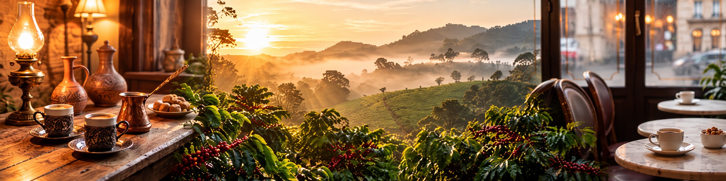 Coffee served in hammered copper and patterned cups beside a window overlooking misty coffee hills at sunrise.
